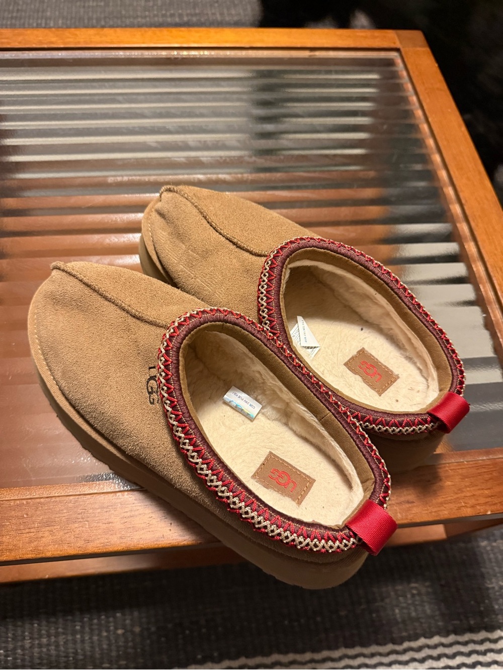 UGG Chestnut Suede Slip-On Platform Slippers with Red Trim